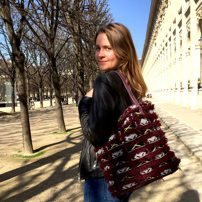 recycled kilim bag and plum leather by maud fourier paris