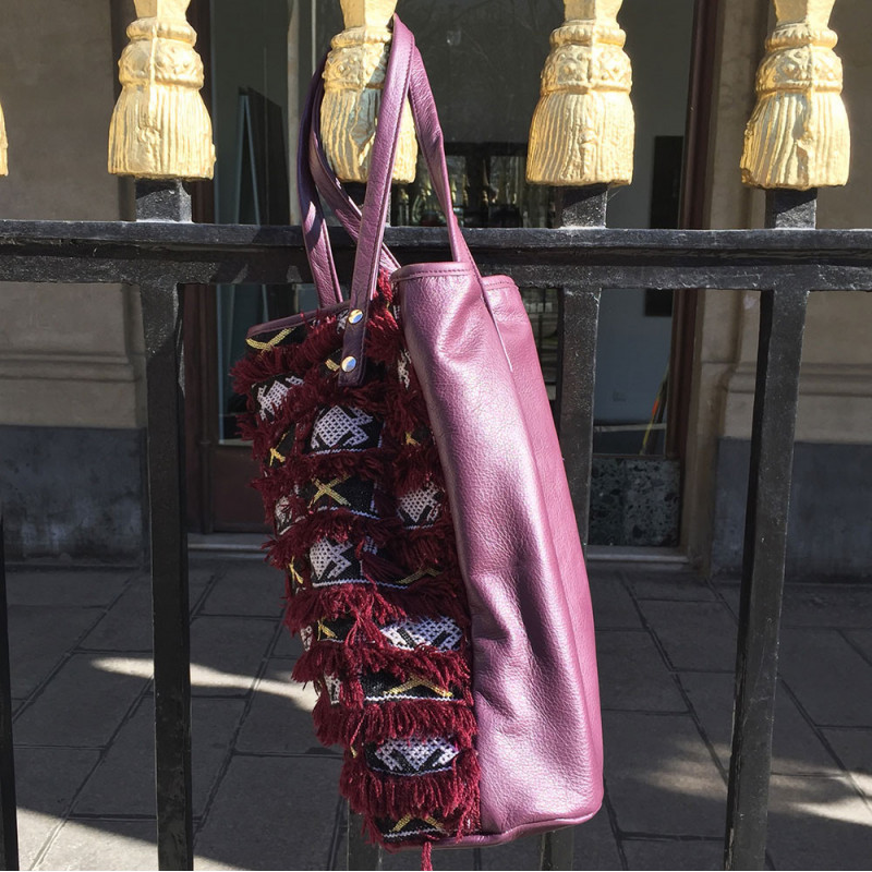 recycled kilim tote bag and plum leather by maud fourier paris