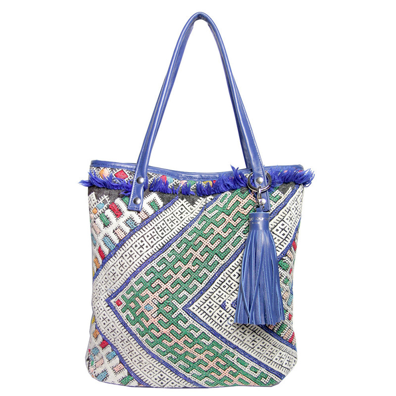 blue upcycled kilim shopping eco friendly bag by maud fourier paris