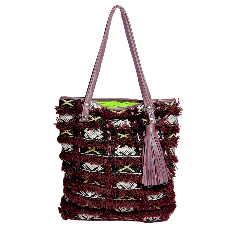 recycled kilim tote bag and plum leather by maud fourier paris