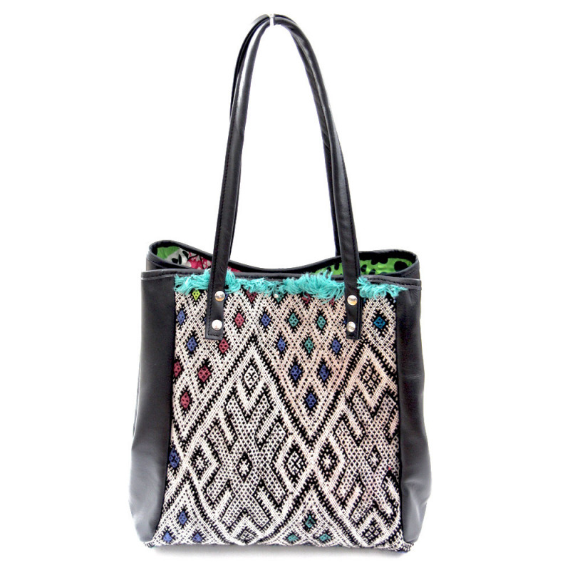 Upcycled Kilim navy leather shopping bag by Maud Fourier