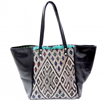 Cabas Kilim recyclé et cuir - Marine