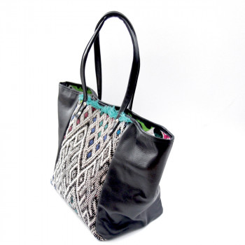 Upcycled Kilim navy leather shopping bag by Maud Fourier Paris