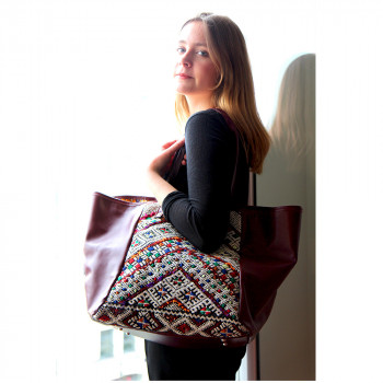 Shopping Bag Recycled kilim and leather - Red