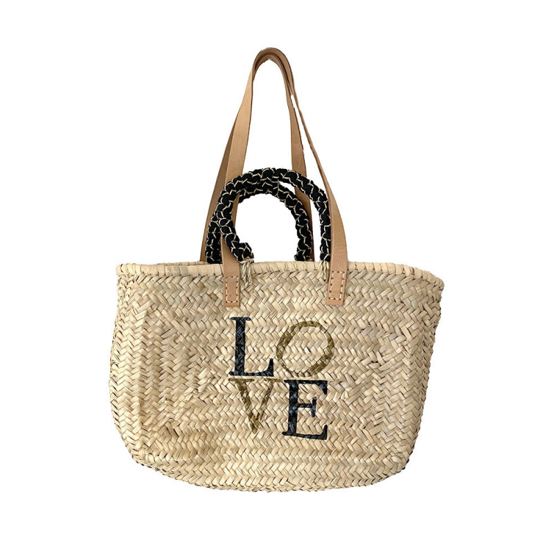 Personalized straw beach basket Love handpainted by Maud Fourier paris