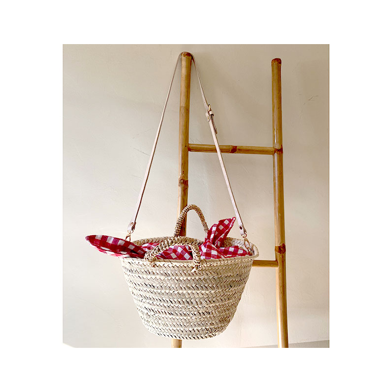 small straw basket lined red cotton gingham by maud fourier paris