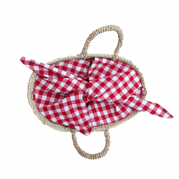 small straw basket lined with red cotton gingham by maud fourier paris