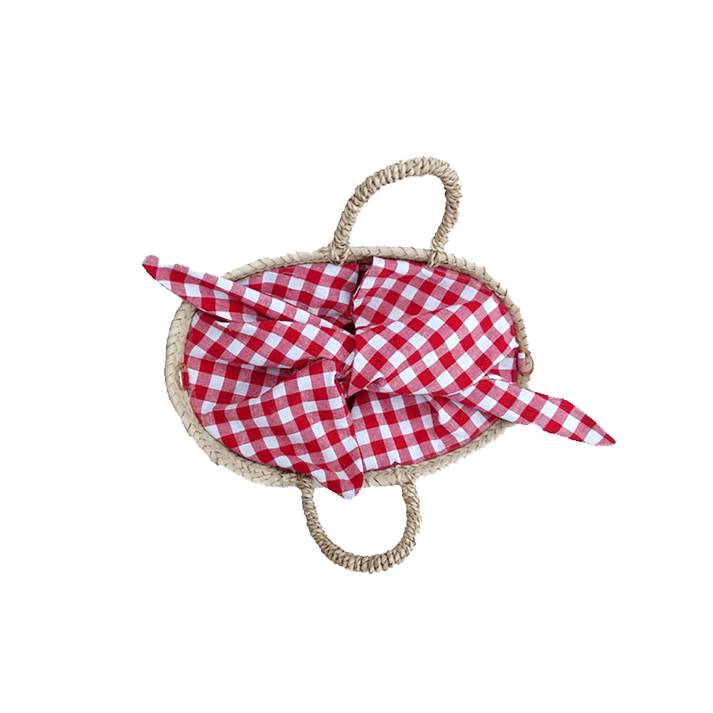 small straw basket lined with red cotton gingham by maud fourier paris