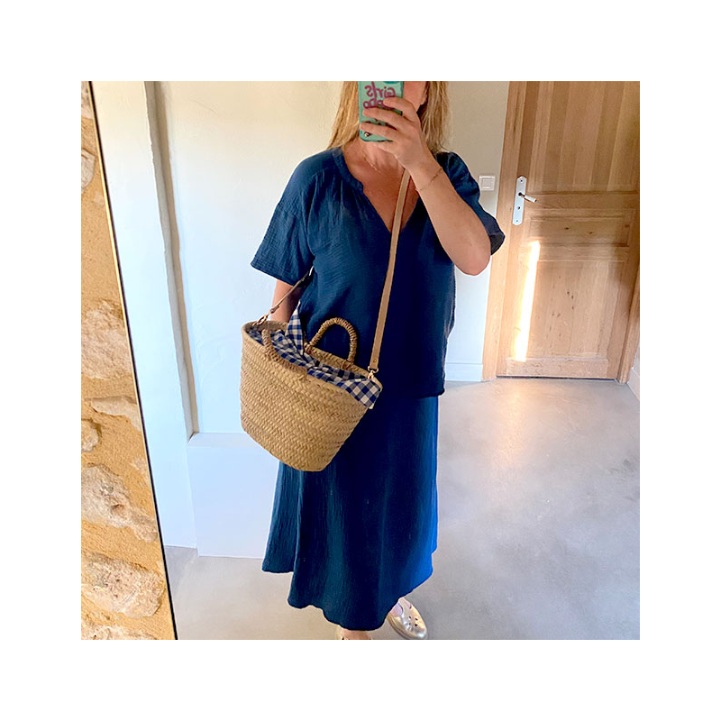 Red gingham basket shoulder carry summer outfit