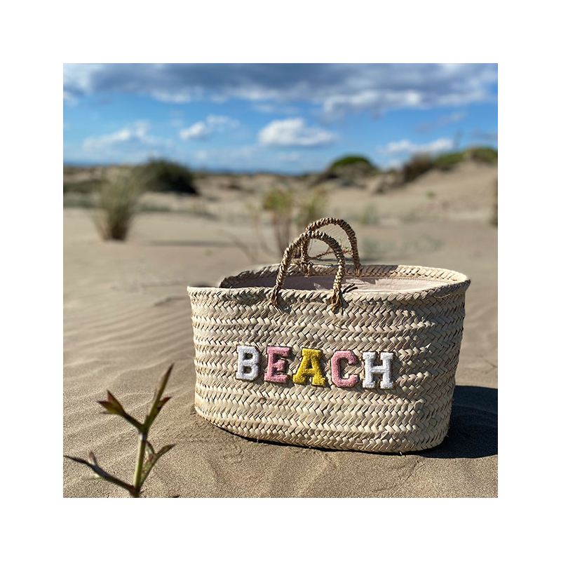 Large BEACH straw basket handwoven from natural palm leaves
