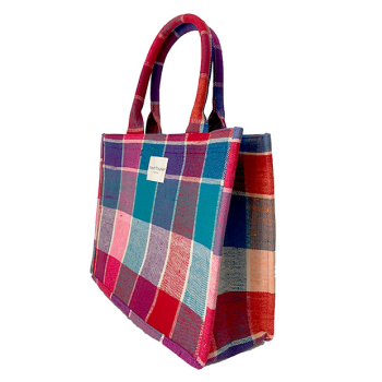 Cabas Loulou plaid berbère bleu rouge de côté