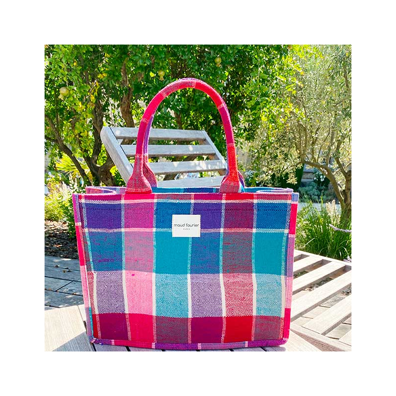 Cabas Loulou plaid berbère bleu rouge Maud Fourier Paris