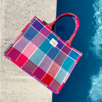 Sac cabas bohème en plaid berbère bleu rouge