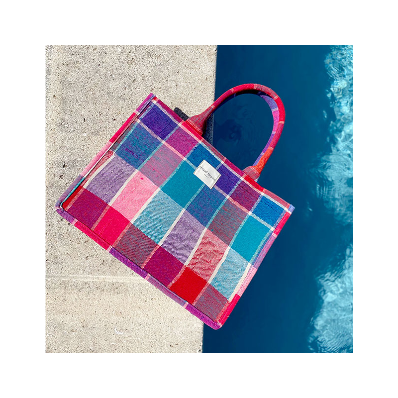 Sac cabas bohème en plaid berbère bleu rouge