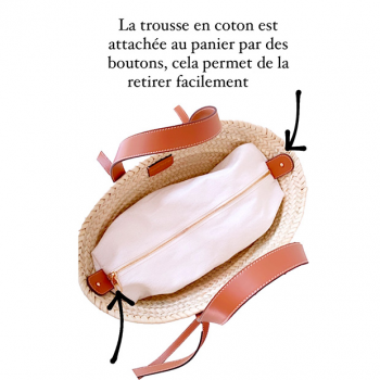 straw basket with removable ecru cotton inner pouch