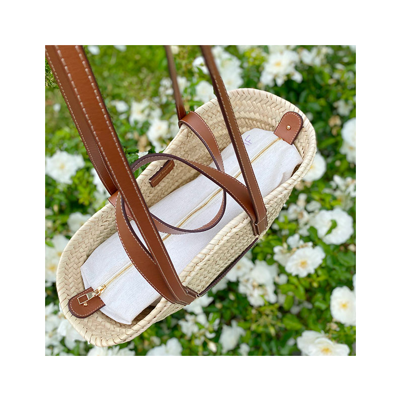 leopard straw basket worn on the shoulder leather handles