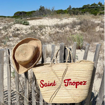 Large natural palm leaf beach basket customized in Paris