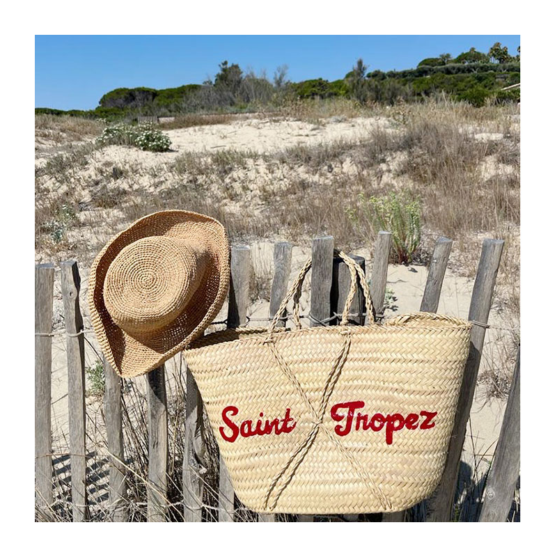 Large natural palm leaf beach basket customized in Paris