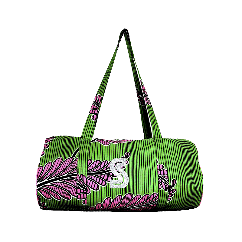 sac polochon coton wax vert et rose personnalisable avec initiale