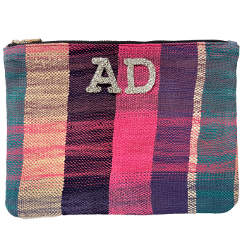 Handmade makeup pouch in upcycled fabric, customizable with rhinestone initials