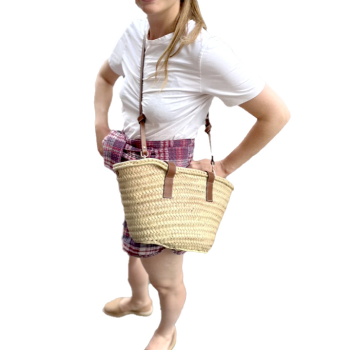 Camel leather handles and shoulder strap detail on Joy basket