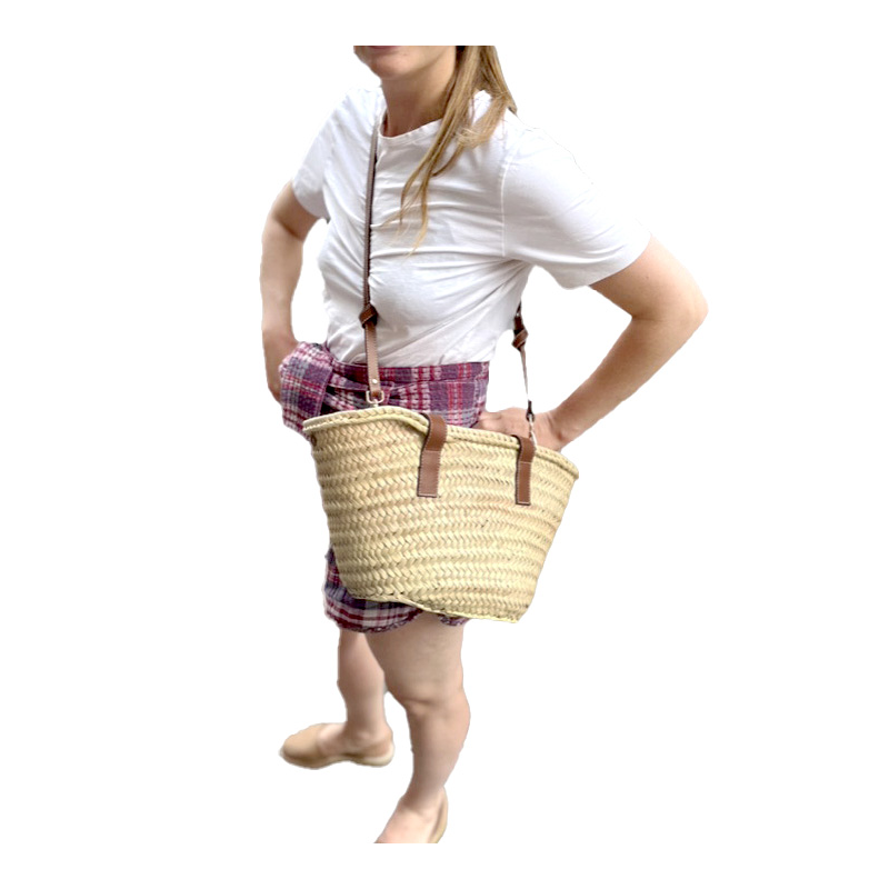 Camel leather handles and shoulder strap detail on Joy basket