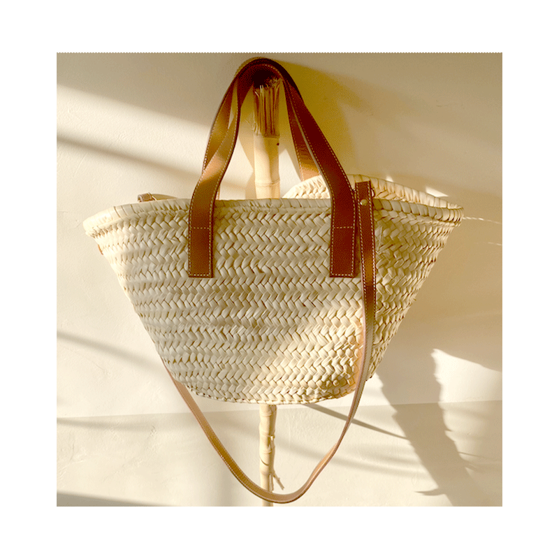 Joy mini straw basket worn crossbody with leather strap