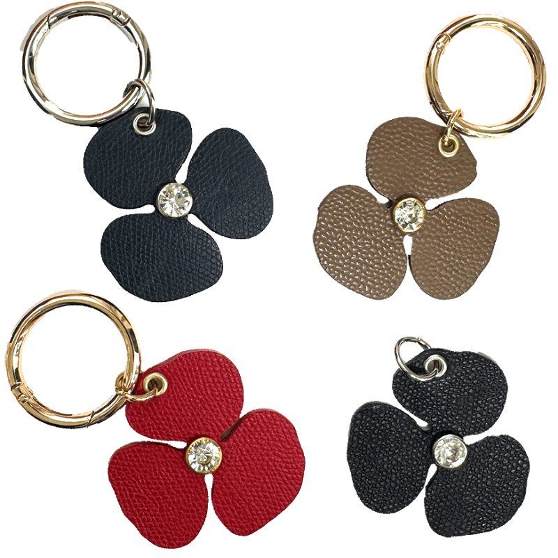 Camellia leather flower charm – crystal center, handmade in Paris