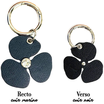 Camellia leather charm navy/black – silver finish, handmade in Paris