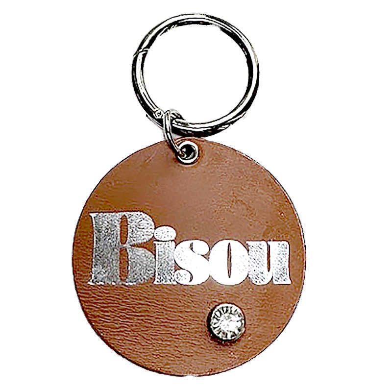 Round camel leather “bisou” charm gold-stamped, handmade in Paris