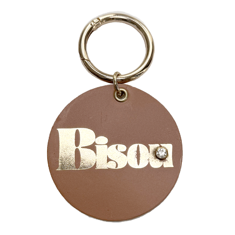 Round camel leather “bisou” charm gold-stamped, handmade in Paris