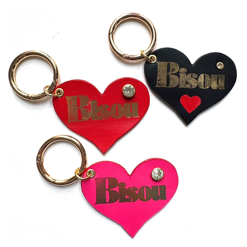 Heart Bisou bag charm in upcycled leather, handmade in Paris