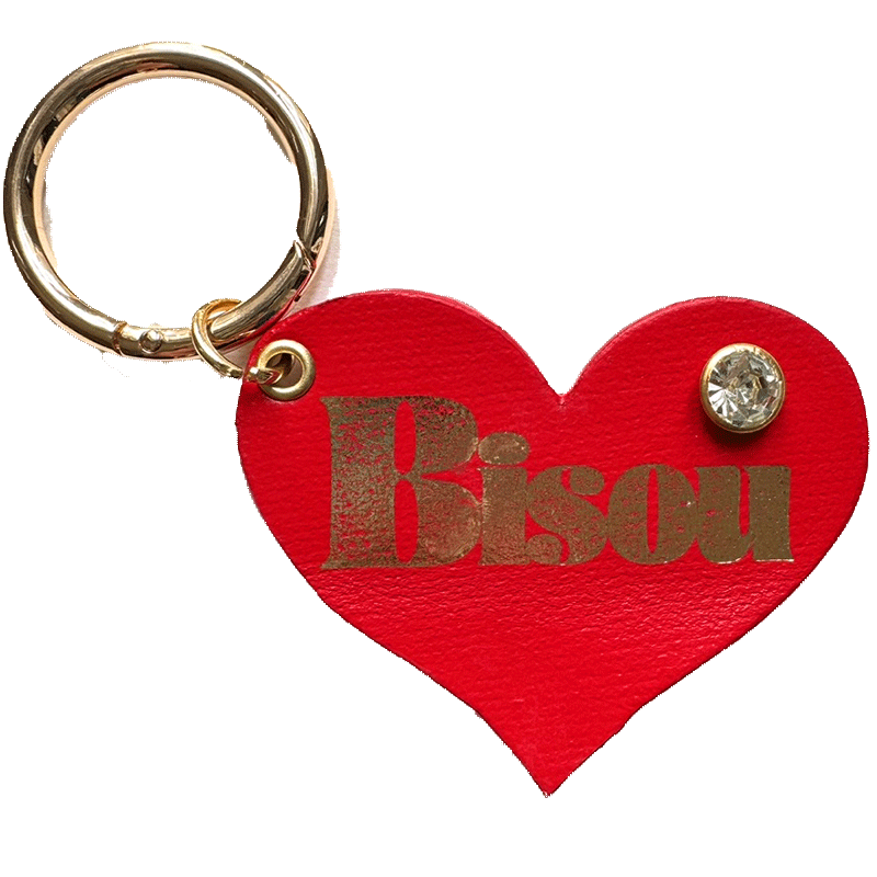 Heart Bisou red leather with gold stamp and crystal rivet