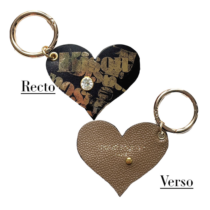 Cœur Graffiti cuir noir marqué à chaud doré, anneau doré