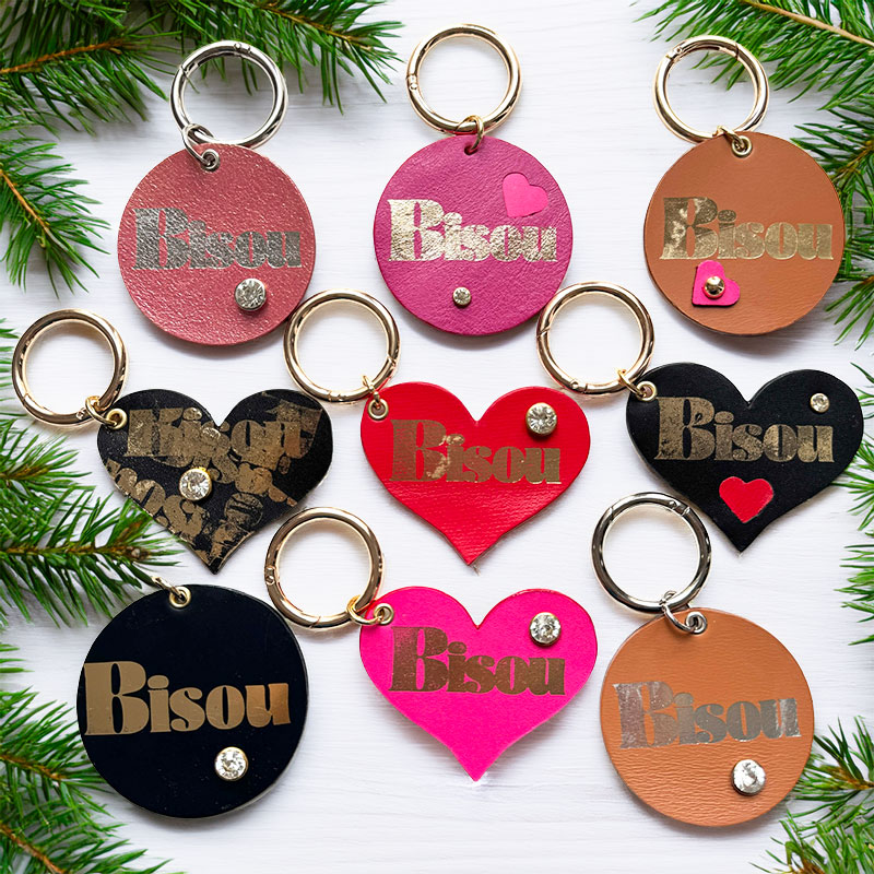 Heart Bisou pink leather keyring with gold irregular hot-stamp