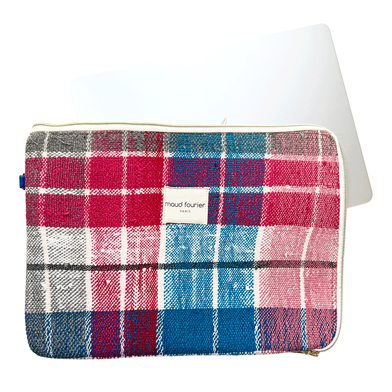 Protection ordinateur 13", tissu recyclé, doublure coton anneau cuir