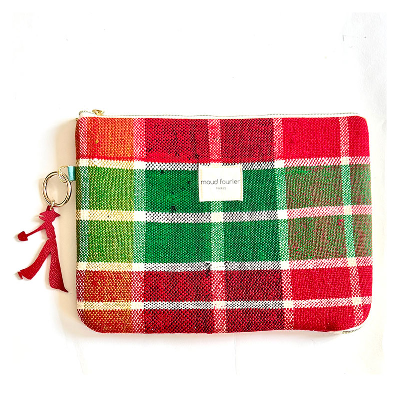 housse ordinateur 13", tissu recyclé, doublure coton et bijou de sac cuir