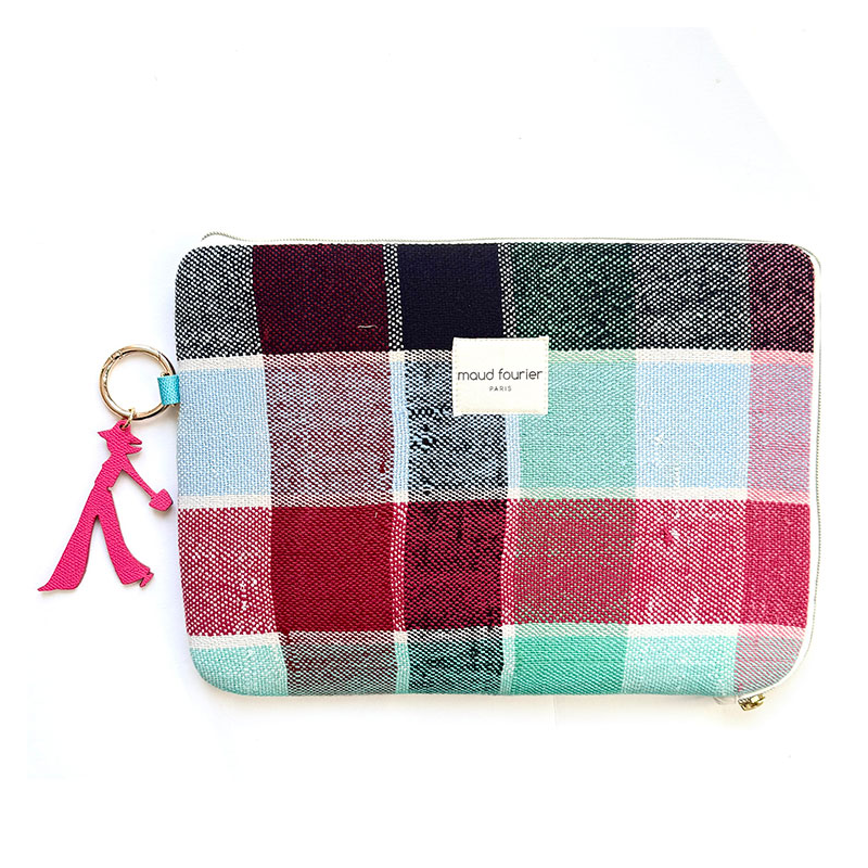 housse ordinateur 13", tissu recyclé, doublure coton et bijou cuir