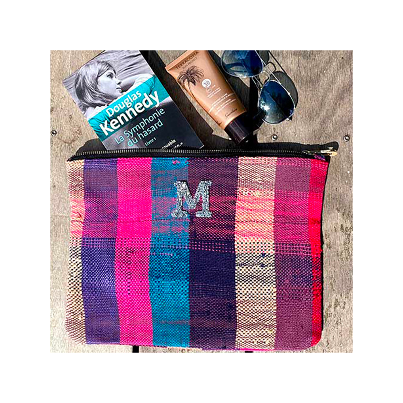 trousse à maquillage en tissu recyclé, initiales strass, maud fourier