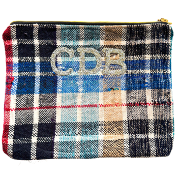 Handmade makeup pouch in upcycled fabric, customizable with rhinestone initials