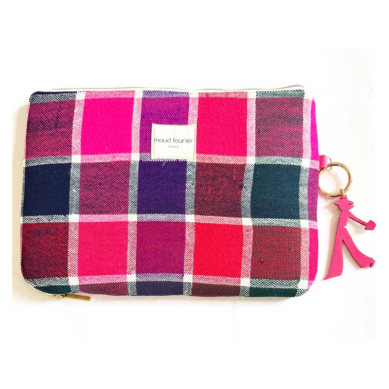 Protection ordinateur 13", tissu recyclé, doublure coton anneau cuir, made in france