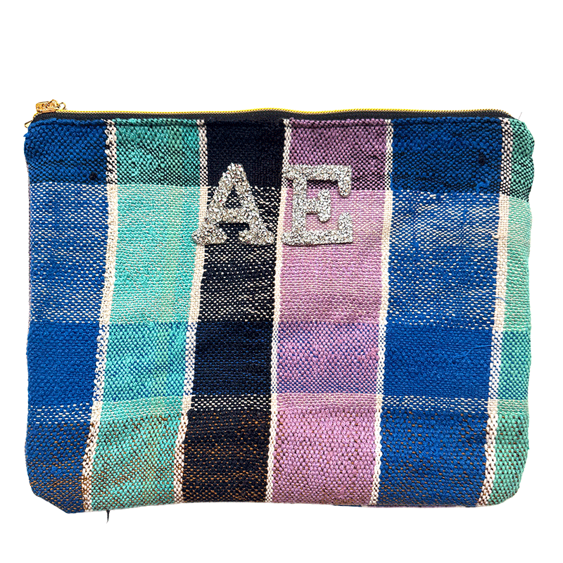 Trousse maquillage artisanale en tissu upcyclé, pièce unique, multicolore, personnalisable avec strass