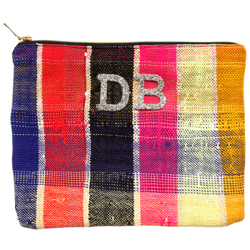 handmade makeup pouch in upcycled fabric, unique, multicolor, customizable with rhinestones