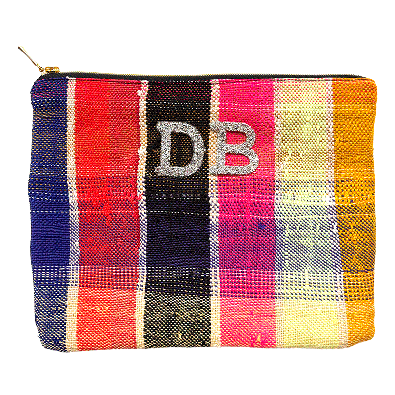 handmade makeup pouch in upcycled fabric, unique, multicolor, customizable with rhinestones