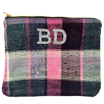 Trousse maquillage artisanale en tissu upcyclé, pièce unique, multicolore, personnalisable avec strass