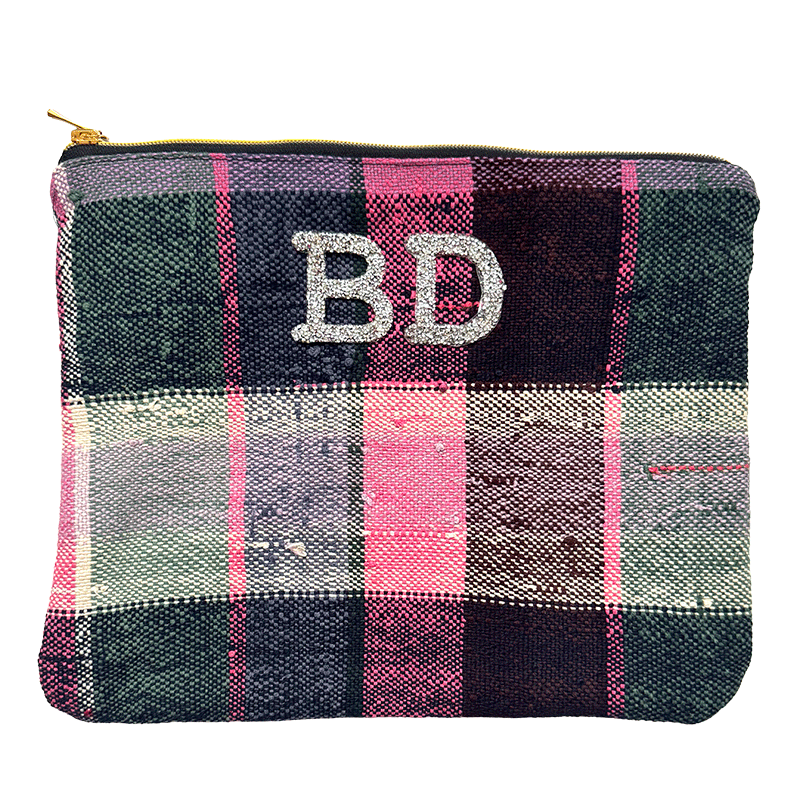 Trousse maquillage artisanale en tissu upcyclé, pièce unique, multicolore, personnalisable avec strass
