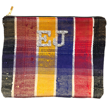 Trousse maquillage artisanale en tissu upcyclé, pièce unique, multicolore, personnalisable avec strass