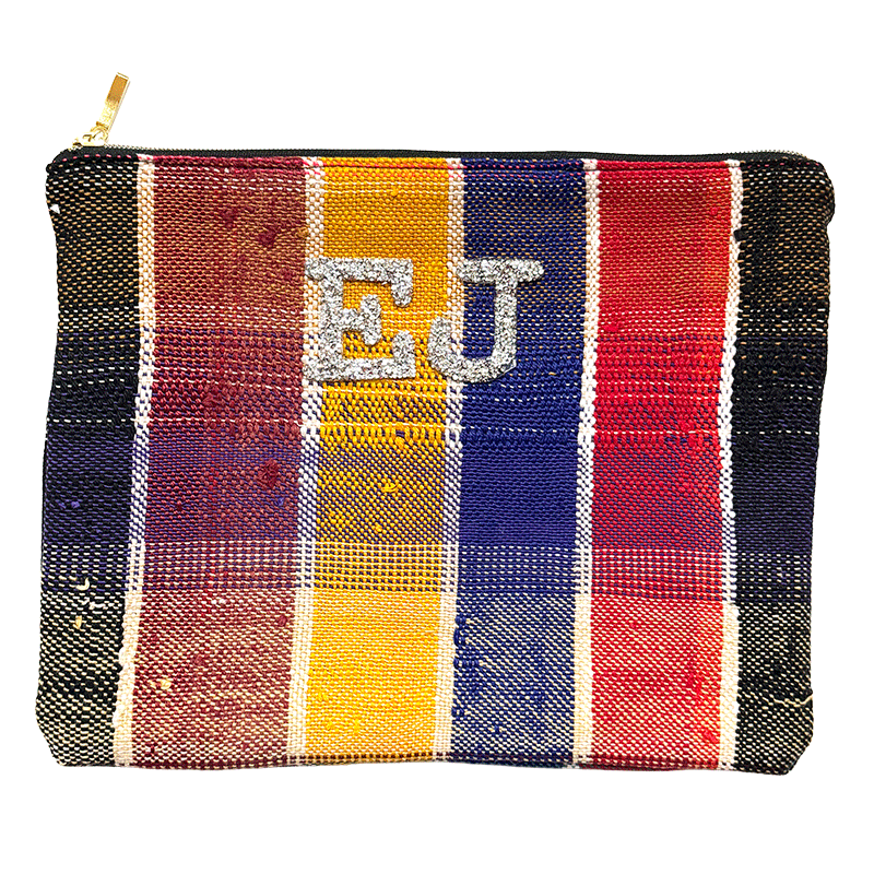 Trousse maquillage artisanale en tissu upcyclé, pièce unique, multicolore, personnalisable avec strass