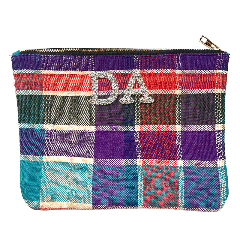 Trousse maquillage artisanale en tissu upcyclé, pièce unique, multicolore, personnalisable avec strass