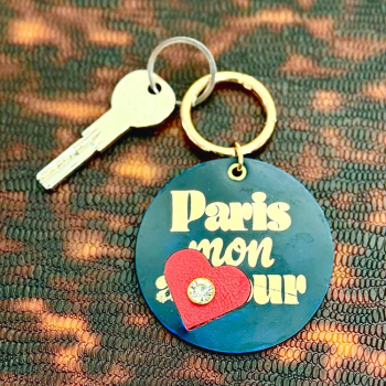 porte clé paris mon amour cuir upcyclé marine, marquage or